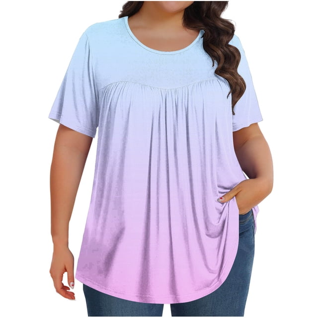 Olyvenn Hauts Grande Taille pour Femmes, devant Plissé, Col Ras du Cou, Manches Courtes, Chemisiers Dégradés, Tuniques d'Été 2025, Chandails Fluides, T-Shirts, Violet, G