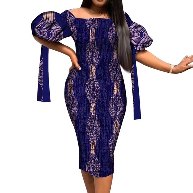 BintaRealWax Robe Africaine pour les Femmes hors de l'Épaule Smocked Kente Imprimer Longue Robe