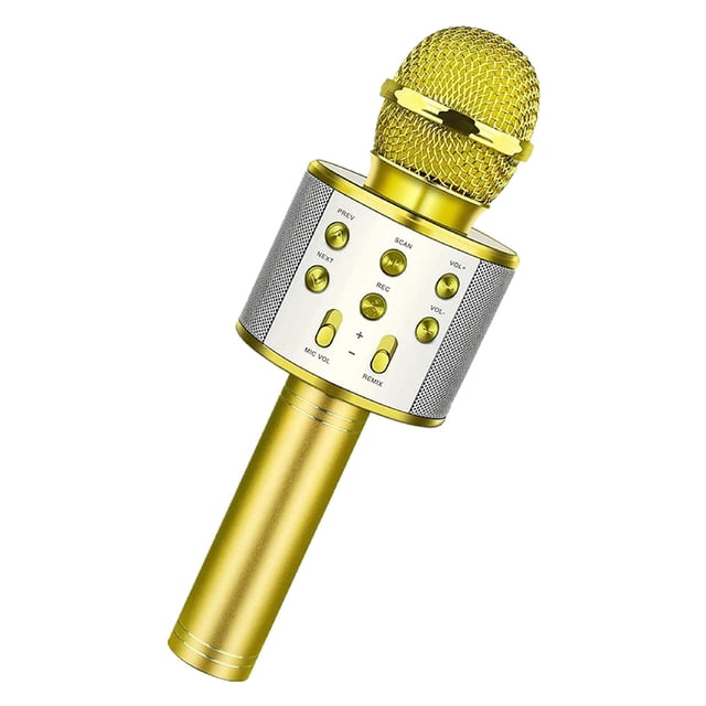 Peggybuy Karaoke Microphone, a yellow handheld karaoke speaker with control buttons for volume, echo, and playback. Designed for Android and Apple devices, it features a built-in 18650 battery for 3-5 hours of use. Lightweight and portable, this singing microphone is ideal for parties, family singing, travel, and as a compact karaoke machine.