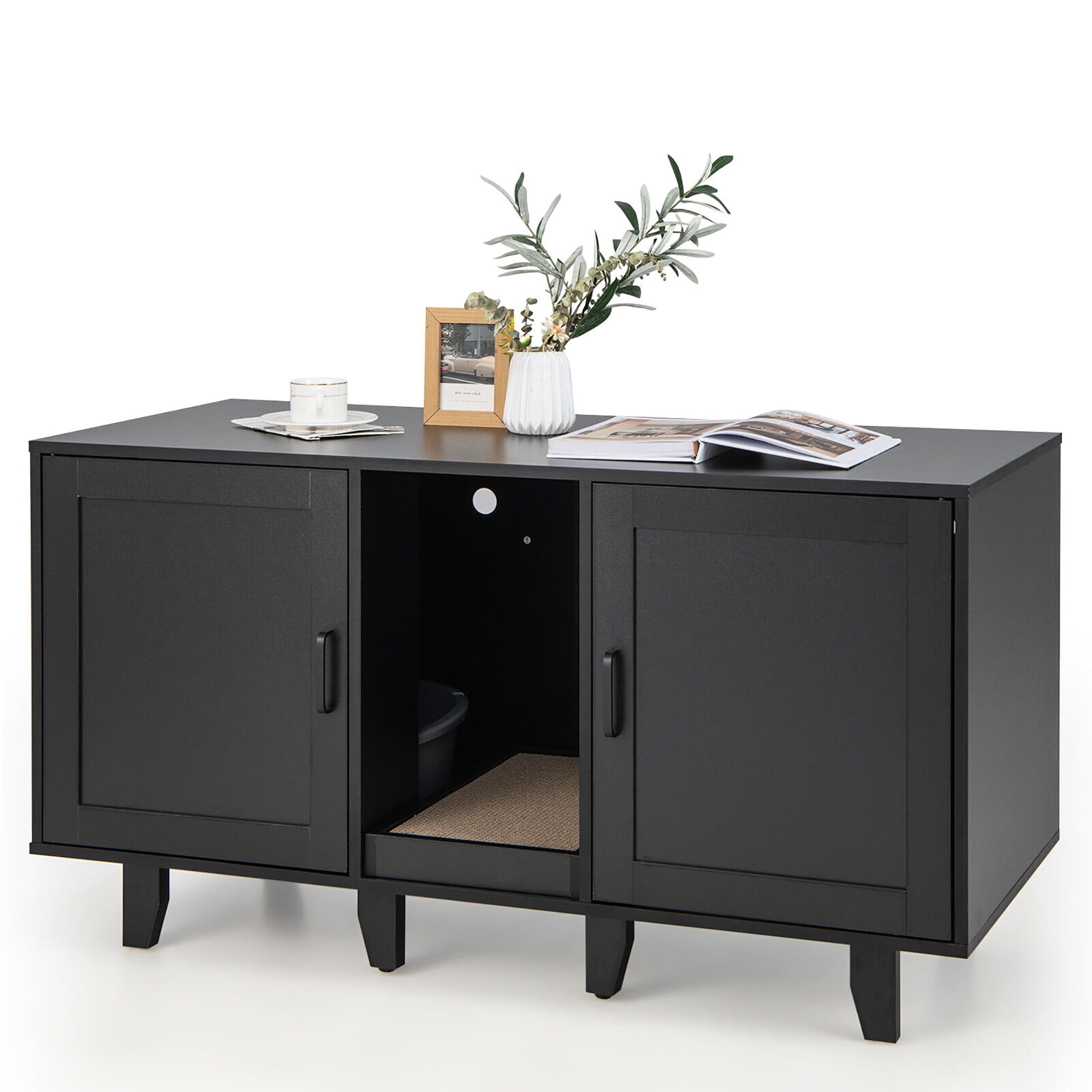Gymax Meuble Télé pour Litière de Chat, Armoire, Maisonnette Dissimulée pour Chat, Salle de Bain avec 2 Portes