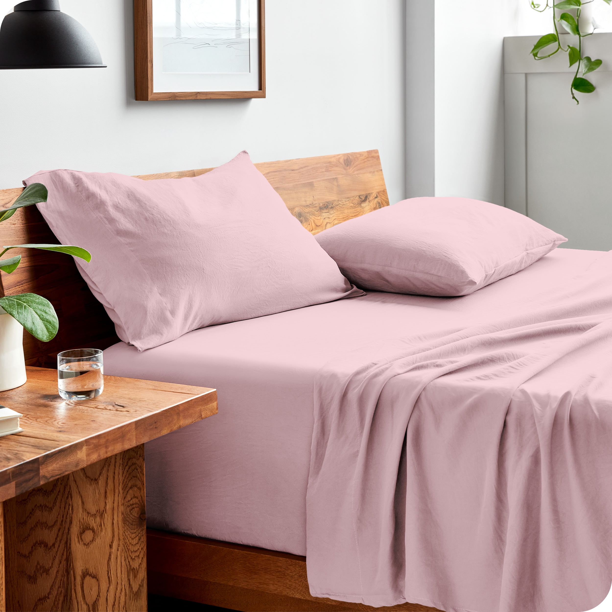 Bare Home Washed Sheet Set - Premium 1800 Collection - Deep Pocket - 4 Piece - King, Dusty Pink