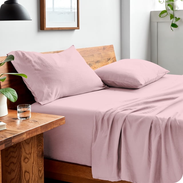 Bare Home Washed Sheet Set - Premium 1800 Collection - Deep Pocket - 4 Piece - Queen, Dusty Pink