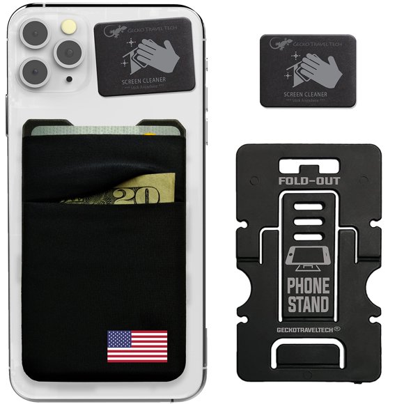Double Porte-Cartes Adhésif de Poche - Pochette pour Cellulaire - à Coller sur Poche en Spandex par Gecko - Transportez Cartes de Crédit et Argent - Portefeuille de Téléphone - (Drapeau Usa)