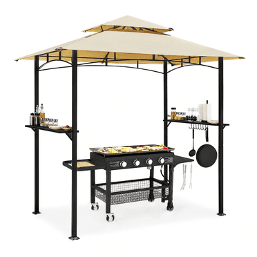 AECOJOY Auvent de Gazebo pour Gril 8 X 5 Pi, Abri de Gazebo BBQ Extérieur à 2 Niveaux pour Patio, Cour Arrière et Jardin, Tente pour Gril avec Toit Ventilé, Beige