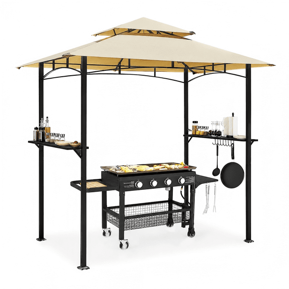 AECOJOY Auvent de Gazebo pour Gril 8 X 5 Pi, Abri de Gazebo BBQ Extérieur à 2 Niveaux pour Patio, Cour Arrière et Jardin, Tente pour Gril avec Toit Ventilé, Beige