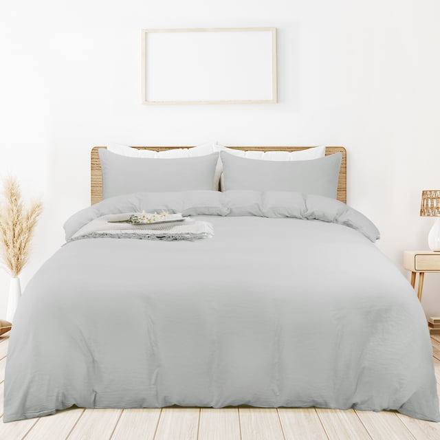 PiccoCasa 3 Pieces Microfiber Soft Breathable Duvet Cover Set Light Gray Full