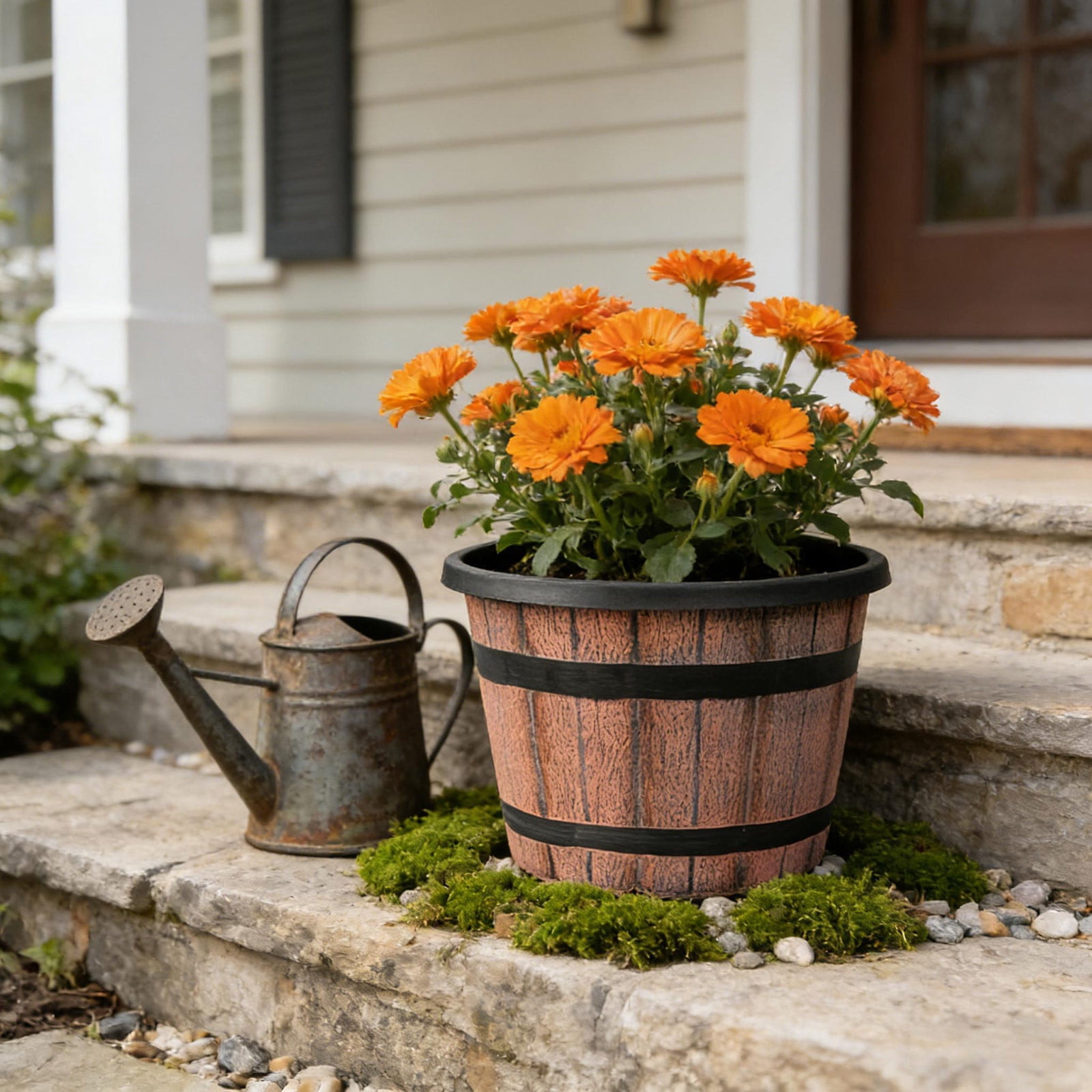 Wooden Bucket Plant Pots,14" Whiskey Barrel Planter, Plastic Decoration Flower Pots Imitation Wine Barrel Design, Rustic Flower Planters Pots Container for Indoor & Outdoor Garden Home Plants