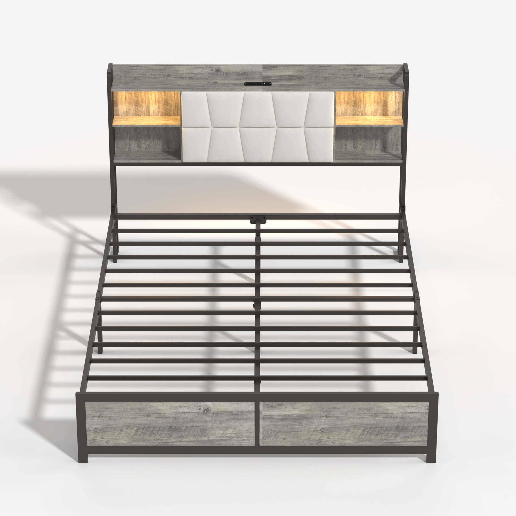 Noble House Queen Upholstered Platform Bed,LED Bookcase Headboard with Charging Station & Storage,Beige + White