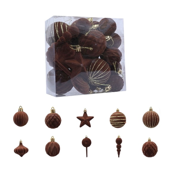 Staron Brown Shatterproof Flocked Velvet Christmas Ornaments Sets, 24 Count, Christmas Tree Ornaments Holiday Party Xmas Hanging Ball Ornaments for Christmas Tree Decorations