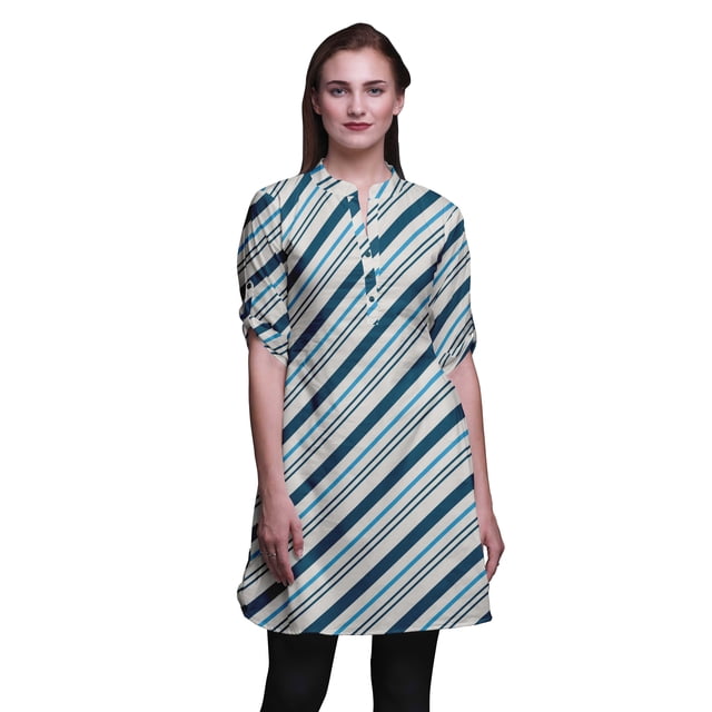 Bimba Short Kurtis For Ladies Printed Mandarin Collar Roll Up Sleeve Dress