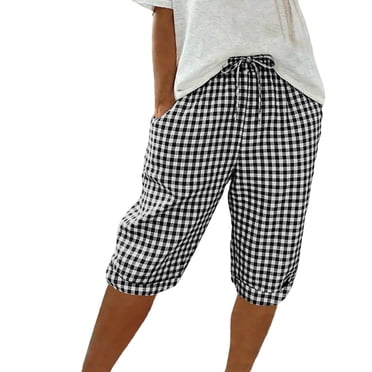 Ymauqau Bermuda Shorts for Women Drawstring Elastic High Waisted Straight Leg Plaid Casual Shorts Summer Beach Shorts