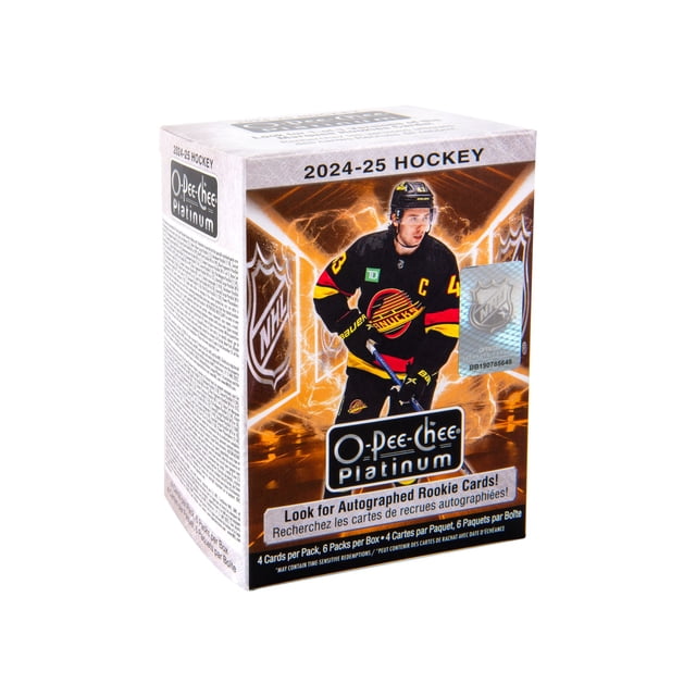 2024-25 Upper Deck O-Pee-Chee Platinum Cartes à Échanger de Hockey Boîte Blaster Mettant en Vedette un Joueur de Hockey en Chandail Canucks de Vancouver Noir avec le « C » du Capitaine, Entouré d'Un Arrière-Plan Électrique orange et de logos LNH, Mettant en Valeur des Cartes Recrues Signées et six Paquets par Boîte.