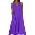 thumbnail image 1 of Ohufall Robe Femme en Coton et Lin à Col en V Sans Manches Décontractée Robe Débardeur Unie Confortable avec Poches Robe Midi d'Été Chic, 1 of 5