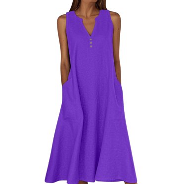 Floleo Women V Neck Sleeveless Long Dress Casual Loose Summer Vacation Outfit Ruffles Belted Comfortable Stretchy Spring Daily Wear Party Wedding Dance Feminine Fashion(Purple,5XL)