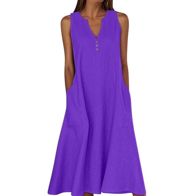 Ohufall Robe Femme en Coton et Lin à Col en V Sans Manches Décontractée Robe Débardeur Unie Confortable avec Poches Robe Midi d'Été Chic