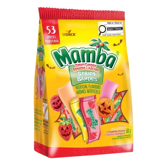 Mamba Assorted Fruity Chewy Candies 560g bag of individually wrapped chewy strips in assorted red, orange and pink labeled strawberry, orange and raspberry; ideal for sharing, trick-or-treating and taking on the go.