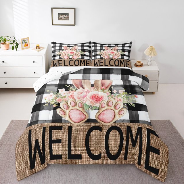 Erosebridal Rabbit Floral Bedding Comforter Set, Buffalo Geometry Comforter Sets , Rustic Farmhouse Reversible Down Comforter, Lightweight Bedroom Decoration, 2pcs
