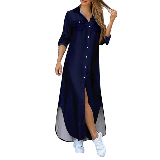 Ketyyh-chn99 Robes d'Été pour Femmes Robe Courte de Plage Robe de Fête Robes T-shirt Décontractées Robe de Plage Bohème à Manches Longues en Bleu Marine, Taille 5TG. la Robe Présente un devant Boutonné, des Manches Longues et un Ourlet Asymétrique. Fabriquée en 80 % polyester et 20 % Élasthanne, Elle Est Légère, Extensible et Confortable. Convient aux occasions Décontractées, de Plage Ou de Fête.