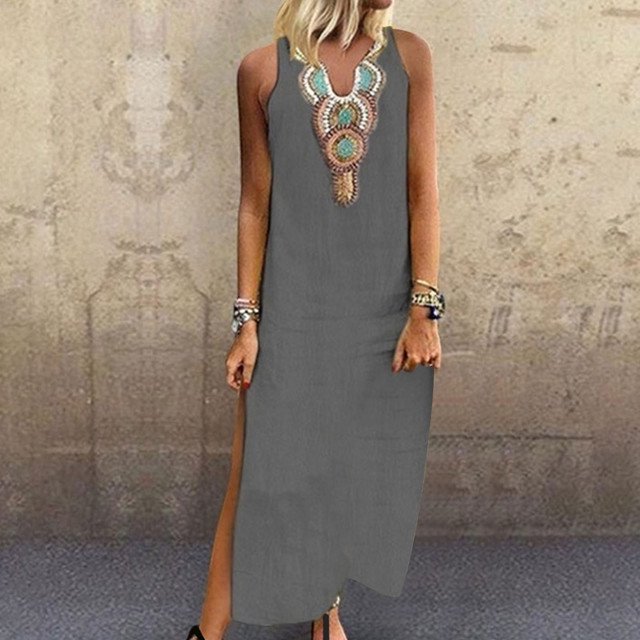 JUNWELL Robes d'Été Ajustées pour Femmes Amples Bohèmes à Broderie Florale Robe Soleil Décontractée Sans Manches en Lin Longue Robe Maxi Robe Femme