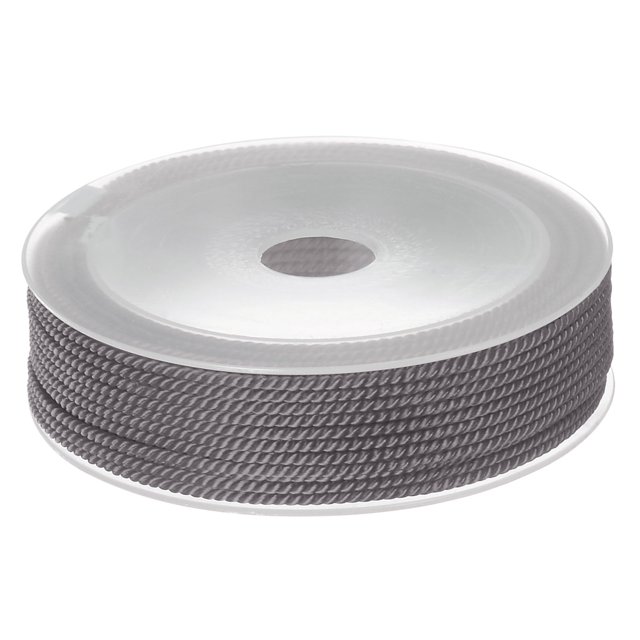 Unique Bargains Twisted Nylon Twine Thread Beading Cord, 2mm diameter, 13 meters (43 feet) in length, shown in grey color. The durable, extra-strong braided nylon string is rolled neatly on a spool for convenient use and storage. Perfect for arts and crafts supplies, jewelry making, beading, and DIY wrapping projects.