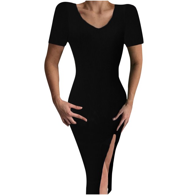 EQWLJWE Robes d'Été pour Femmes 2023 Mode pour Femmes Couleur Unie Aguichant à Manches Courtes Robe en Tricot Fendue