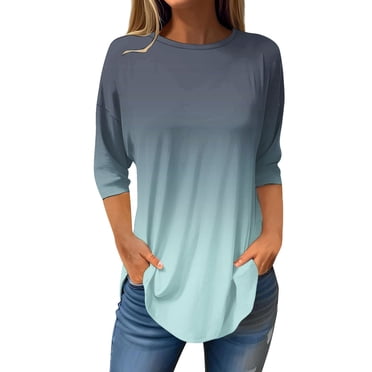 T-shirt à Manches Longues pour Filles, Manches 3/4, Hauts pour Femmes 2025, Col de Printemps, Tunique Décontractée à Imprimé, T-Shirts, Hauts pour Femmes Trois Quarts - Hontri