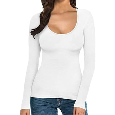 Lixiuxyad Women Fashion Tight Solid Round Neck Long Sleeve T Shirt Top White