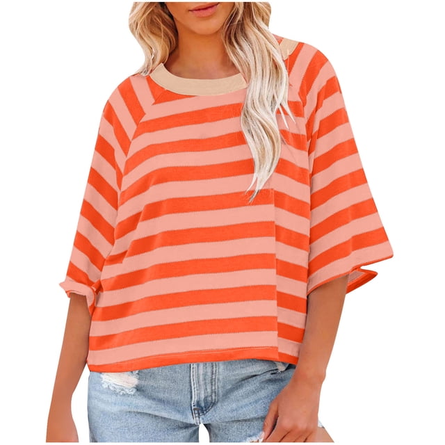 Penkiiy Chemise pour Femmes en Lin à Manches 3/4, Chemise à Col Rond Unie à la Mode, Chemise à Manches Longues à Col Rond pour Femmes/chemise L Orange