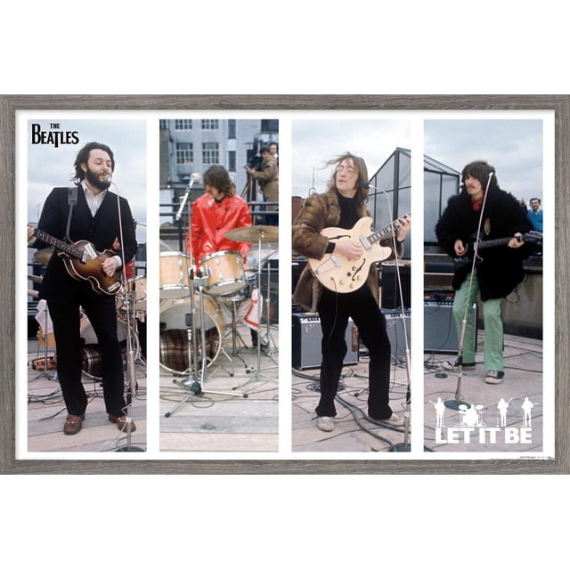 The Beatles - Let It Be Bars Affiche Murale, 22,375 Pouces x 34 Pouces Encadrée, Présentant Quatre Panneaux Verticaux de Membres du Groupe Se Performant avec une Basse, une Batterie et des Guitares Électriques sur une Scène sur Toit avec microphones et Amplificateurs, dans un Cadre en Bois Gris, Convenant à la Décoration Murale de la Maison Ou du Bureau.