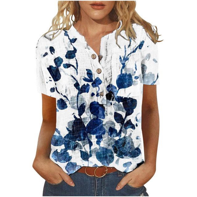 Cameland T-Shirt à Manches Courtes Décontracté d'Été pour Femmes, à Boutons, Col Rond, Chandail Blouse Hauts