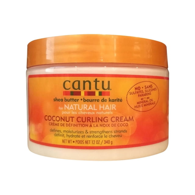 Cantu Coconut Curling Cream in a 12 oz (340 g) white jar with an orange lid and label, formulated with shea butter to define, moisturize, and strengthen natural curls, free of sulfates, silicones, parabens, and mineral oil, suitable for curly, kinky, or wavy hair.