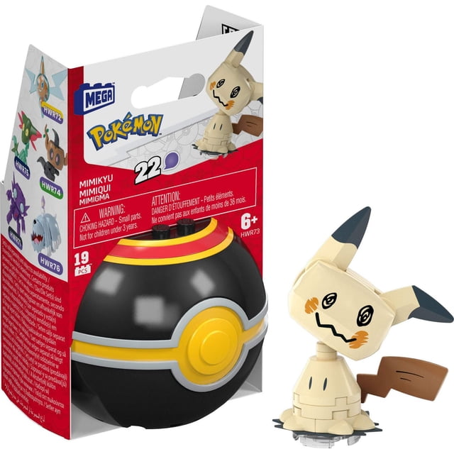 MEGA Pokémon Mimikyu Building Toy Kit with 19 pieces featuring a poseable Mimikyu figure and a black and yellow pronged Luxury Ball, part of building blocks and construction sets for kids aged 6 and up, suitable for creative and problem-solving play.