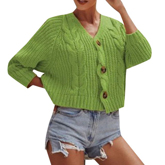 Baberdicy Cardigan Sweater Ladies Solid Color Button Sweater Knit Cropped Loose Cardigan Women's Cardigans Green