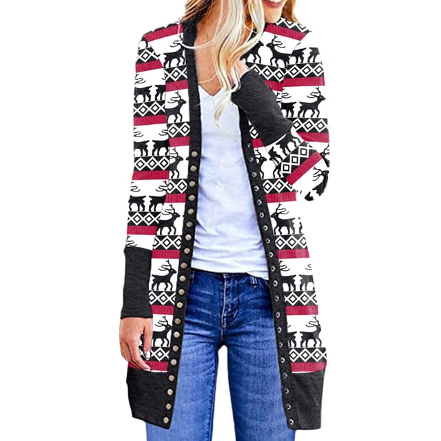 FOCUSNORM Femmes Juniors Cardigan de Noël à Manches Longues Vêtements de Fête Dessin Animé
