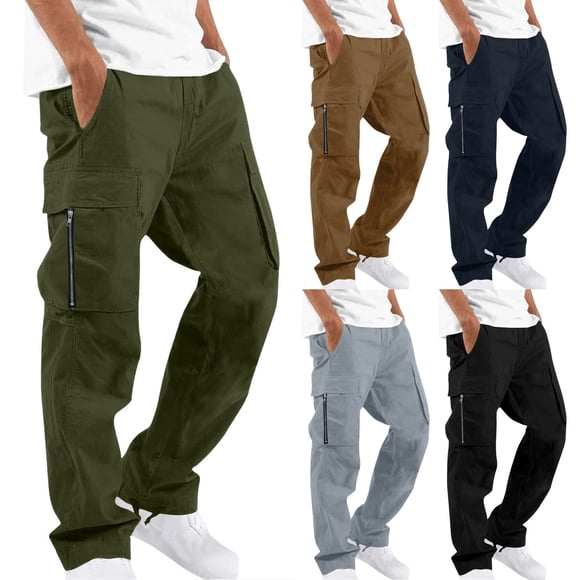 CFLVAEK Men's Cargo Pants with Stretch Solid Casual Elastic Waist Multiple Pockets Outdoor Straight Type Fitness Pants Cargo Pants Trousers Regular Fit Comfort Waist Pants Black L