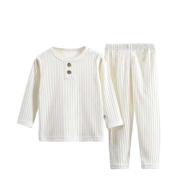 Huvoen Ensemble de Pyjama pour Tout-Petits Garçons Filles, Vêtements de Nuit d'Hiver Côtelés pour Bébés Enfants, Survêtements Unis à Rayures, Tenue d'Intérieur Blanche 130