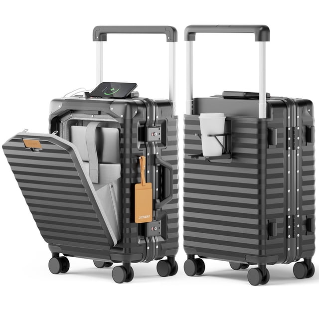 Joyway Valise Cabine Rigide 20 Pouces en PC avec Cadre en Aluminium, Poche avant, Port de Chargement USB et Porte-Gobelet, Roues Pivotantes, Cadenas TSA, Taille Approuvée par les Compagnies Aériennes, Valise Rigide 20 Pouces en PC avec Cadre en Aluminium Renforcé, Poche avant à une Touche pour Ordinateur Portable avec Port de Chargement USB Externe, Porte-Gobelet Pliant, Cadenas à Combinaison TSA Latéral et Quatre Roues Pivotantes Silencieuses à 360°; Mesure 21.5 Pouces x 14.2 Pouces x 9.05 Pouces (