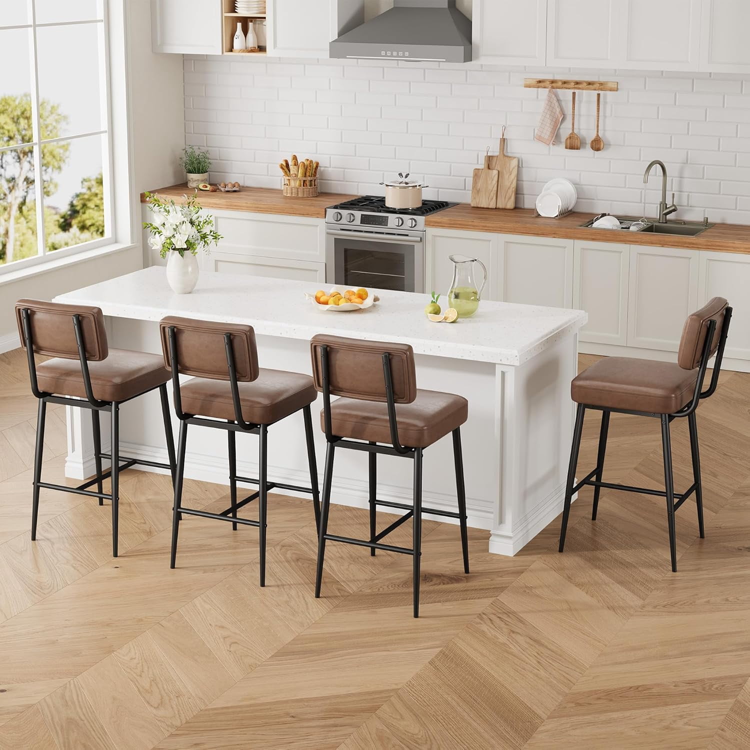 Bar Stools Set of 4, Faux Leather Counter Height Bar Stool with Back, Metal Legs, Modern Upholstered Barstool Chairs for Island, Counter Bar, Kitchen, Brown