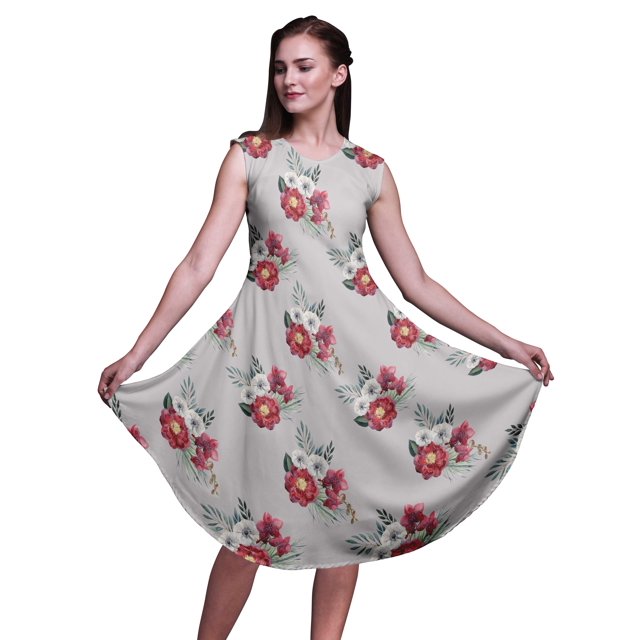 Bimba Robe d'Été Sans Manches à Col Rond pour Femmes, Grise, à Imprimé Floral de Pivoine et d'Anémone, Tenue Décontractée - Grand