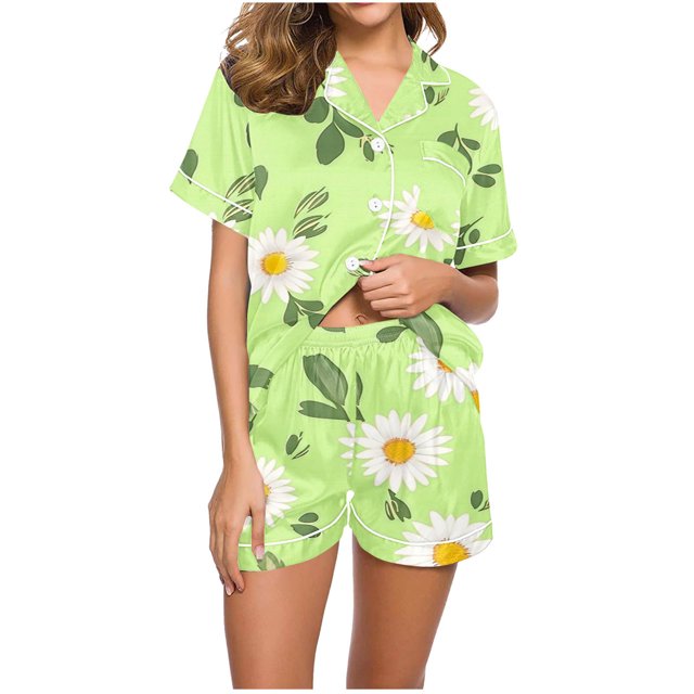 Jamicy Pyjama Super Doux pour Femmes Mode Décontractée Imprimé Haut à Manches Courtes à Col à Revers avec Short Ample Confortable Ensemble de Pyjama pour la Maison