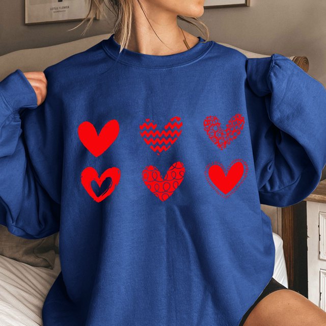 Qertyioot Chandail Cœur d'Amour Saint-Valentin, s Imprimé Mode Femme Manches Longues Col Rond Imprimé Blouse Ample Hauts