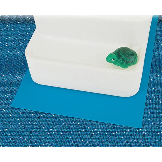 Horizon Ventures In-Pool Ladder/Step Liner Pad 2-ft x 3-ft in blue vinyl placed under a white above-ground pool step with a small green turtle figurine on top, protecting the pool liner from chafing and providing a durable, non-skid surface inside the pool.