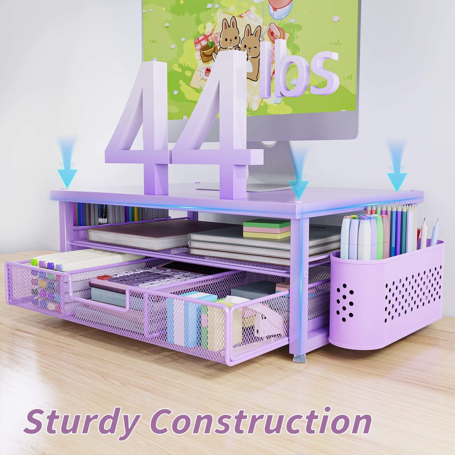 MEHOOM Desk Organizers and Accessories, 2-Tier Computer Monitor Stand Riser with Drawer and 2 Pen Holders, Laptop Stand, Office Desk Accessories for Office Supplies, Purple