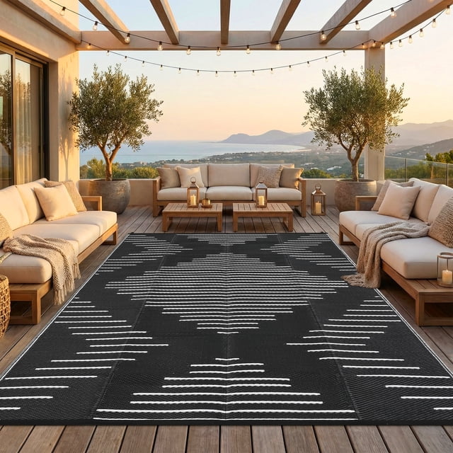 Nanan 8x10 Modern Geometric Outdoor Rug, All-Weather Waterproof Patio Mat, UV Resistant, Stain Resistant, Easy Clean Plastic Rug for Yard, Deck, Balcony, Camping,Black White