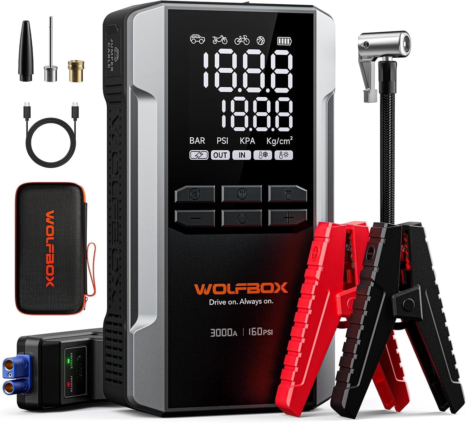 WOLFBOX Car Jump Starter with Air Compressor, 3000A Car Battery Jump Starter (For 8L Gasoline 6L Diesel Engines), with 160PSI Digital Tire Inflator, 12V Battery Jump Starter Pack