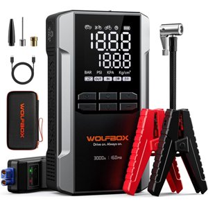 WOLFBOX Démarreur de saut de voiture avec Air Compresseur, 3000A Démarreur de saut de batterie de voiture (pour 8L Essence 6L Moteurs diesels), avec 160PSI Gonflateur numérique de pneus, 12V Batterie Jump Starter Pack