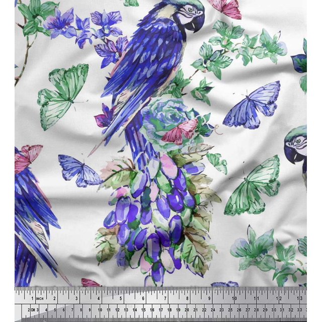 Soimoi Purple Poly Georgette Fabric Floral,Insect & Parrot Bird Decor Fabric Printed BTY 42 Inch Wide