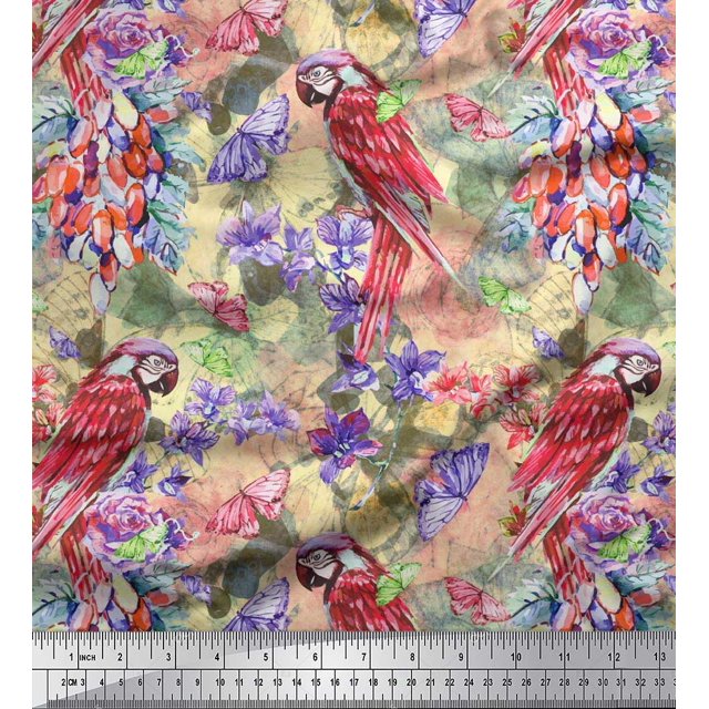 Soimoi Orange Viscose Chiffon Fabric Floral,Insect & Parrot Bird Printed Fabric 1 Yard 42 Inch Wide
