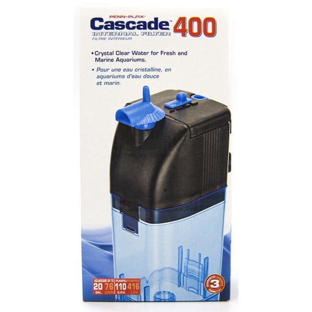 Penn-Plax Cascade 400 Boîte de Filtre Interne Montrant un Filtre d'Aquarium Noir et Bleu Conçu pour des Réservoirs jusqu'à 20 gallons avec un Débit de 110 gallons par Heure, Convient aux aquariums d'Eau Douce et Marins, avec un badge de Garantie de 3 Ans.