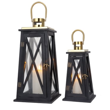 Ensemble de 2 Lanternes en Bois de Style Ferme 12 Pieds'&18 Pieds' Porte-Bougies Décoratifs en Métal avec Verre Trempé Lanterne Rustique pour Extérieur Maison Noël Patio Mariages Fêtes Intérieur Extérieur (Trapèze Noir)